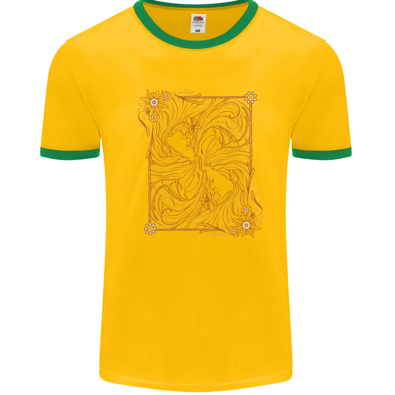 Gemini Faces Star Sign Astrological Zodiac Mens Ringer T-Shirt Gold/Green