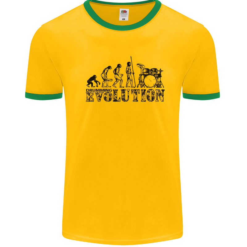 Evolution of Drums Mens White Ringer T-Shirt Gold/Green