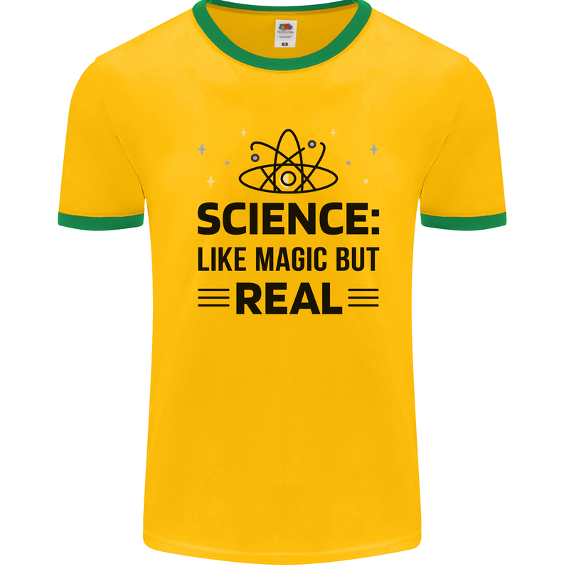 Science Like Magic But Real Funny Geek Nerd Mens White Ringer T-Shirt Gold/Green