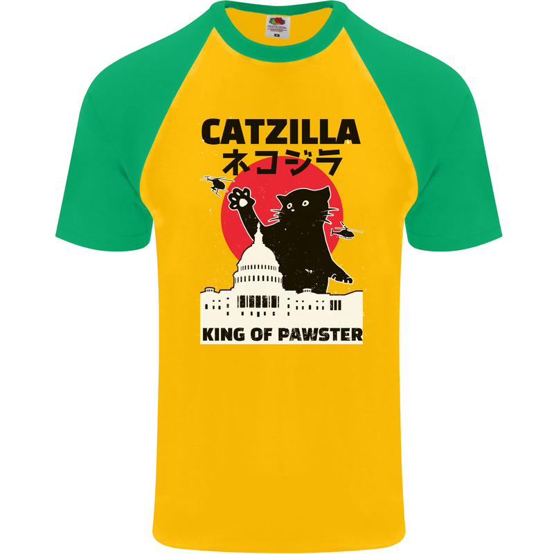 Catzilla Funny Cat Parody Mens S/S Baseball T-Shirt Gold/Green