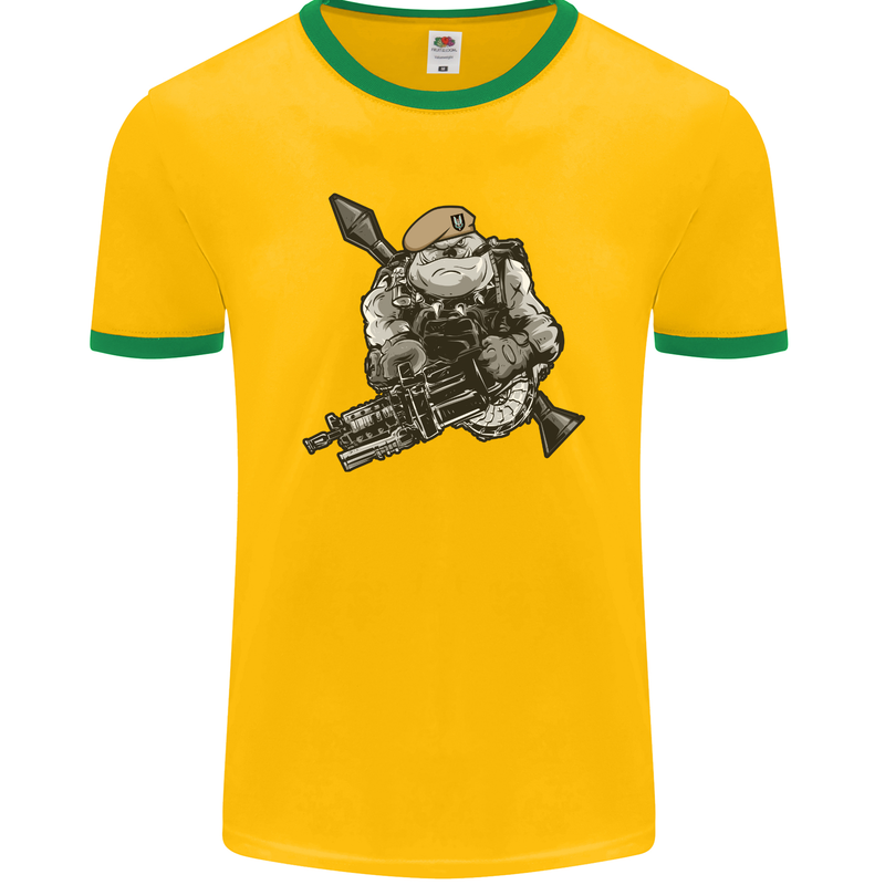 SAS Bulldog British Army Special Forces Mens Ringer T-Shirt FotL Gold/Green