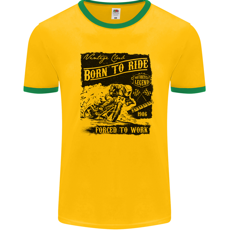 Cafe Racer Biker Motorcycle Motorbike Mens White Ringer T-Shirt Gold/Green