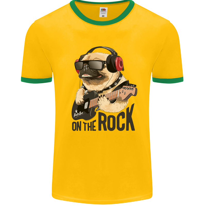 Rock n Roll Pug Funny Guitar Heavy Metal Mens White Ringer T-Shirt Gold/Green