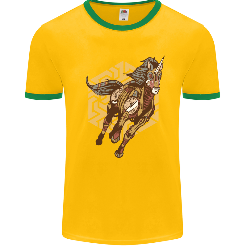 Steampunk Unicorn Mens White Ringer T-Shirt Gold/Green