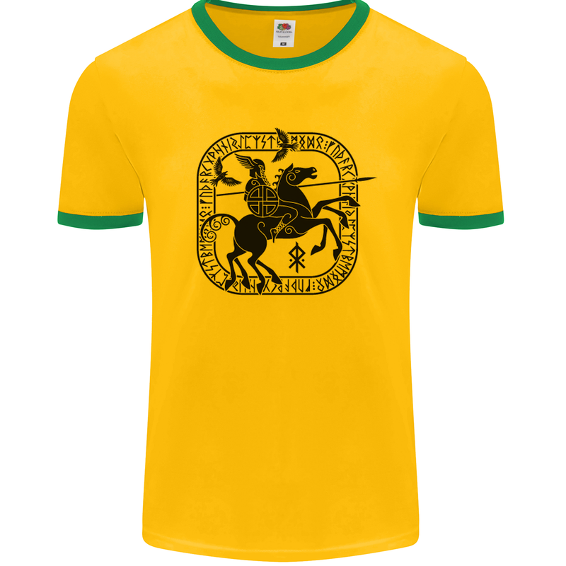 Odin Wotan Vikings Valhalla Norse Mythology Mens White Ringer T-Shirt Gold/Green