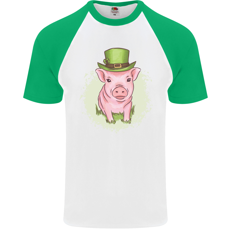 St Patricks Day Pig Mens S/S Baseball T-Shirt White/Green