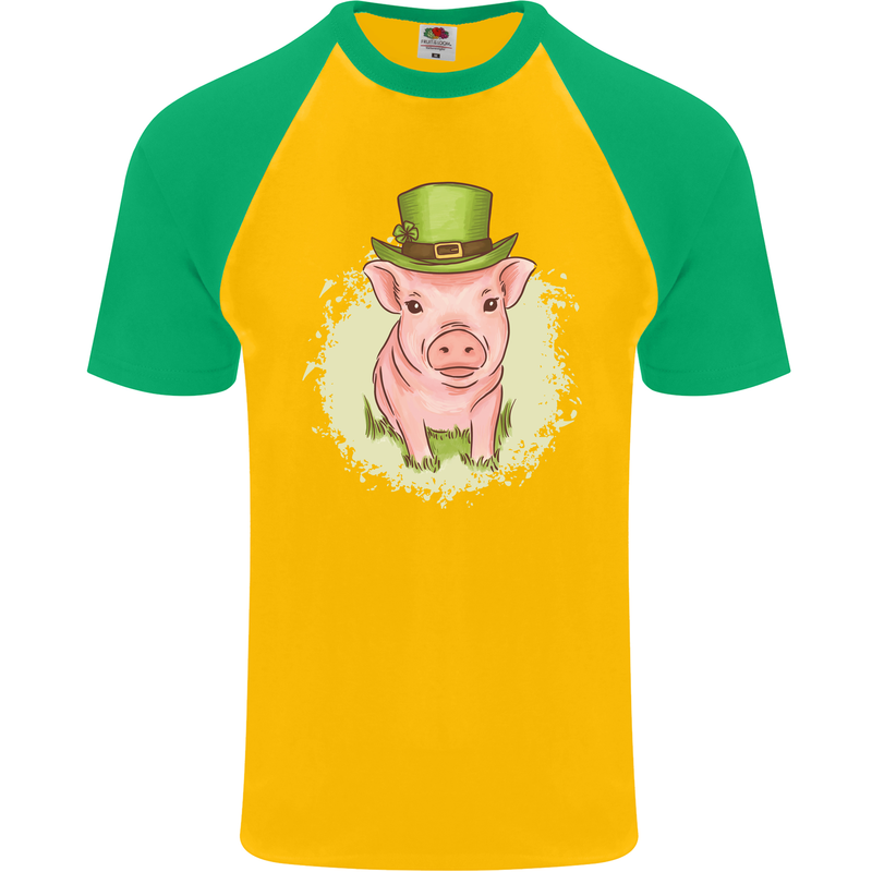 St Patricks Day Pig Mens S/S Baseball T-Shirt Gold/Green