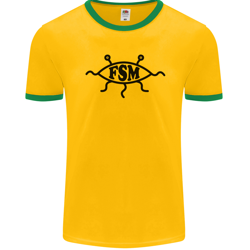 FSM Church Flying Spagetti Monster Atheist Mens Ringer T-Shirt FotL Gold/Green