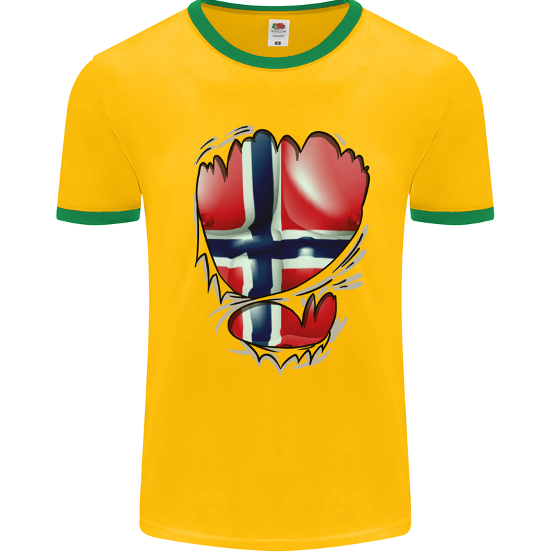 Gym Norwegian Flag Ripped Muscles Norway Mens White Ringer T-Shirt Gold/Green