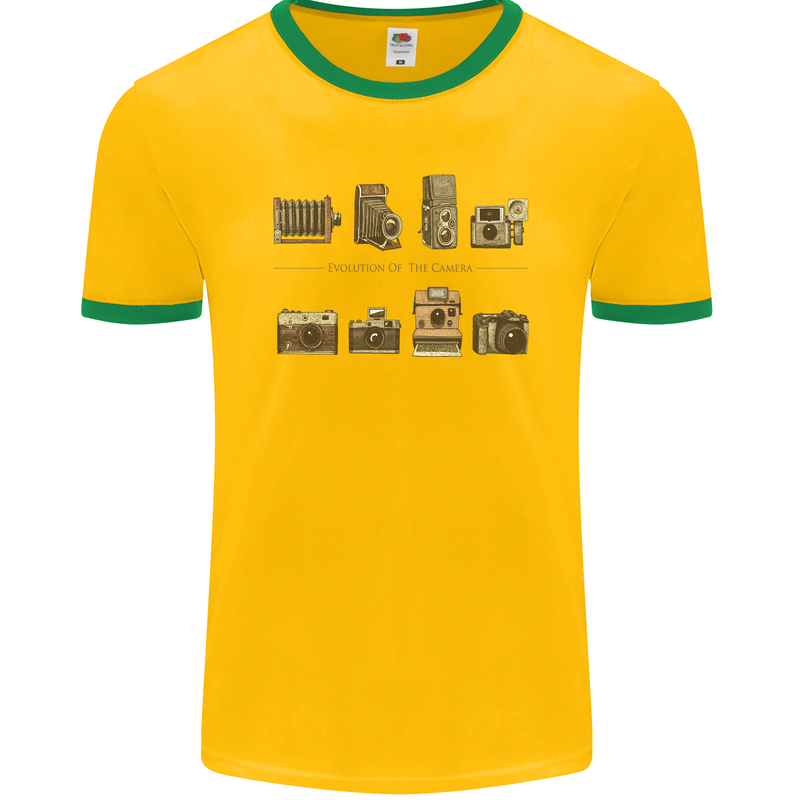 Photography Camera Evolution Photograper Mens Ringer T-Shirt FotL Gold/Green