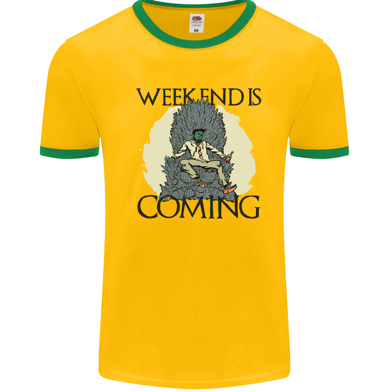 Weekend Funny Beer Cider Wine Alcohol Gin Mens White Ringer T-Shirt Gold/Green