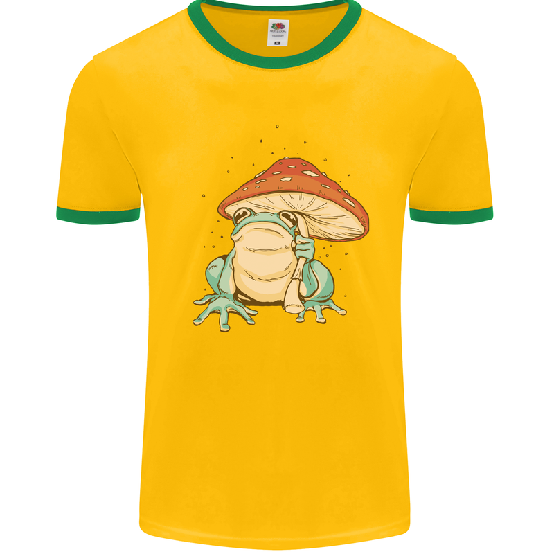 A Frog Under a Toadstool Umbrella Toad Mens White Ringer T-Shirt Gold/Green