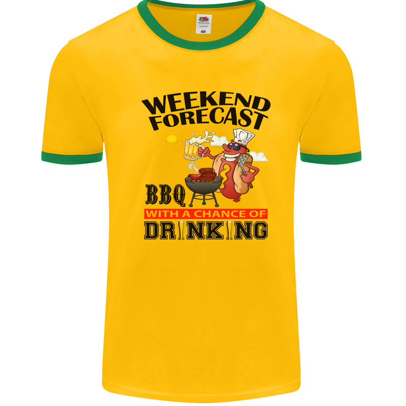 BBQ Weekend Forecast BBQing Alcohol Beer Mens White Ringer T-Shirt Gold/Green