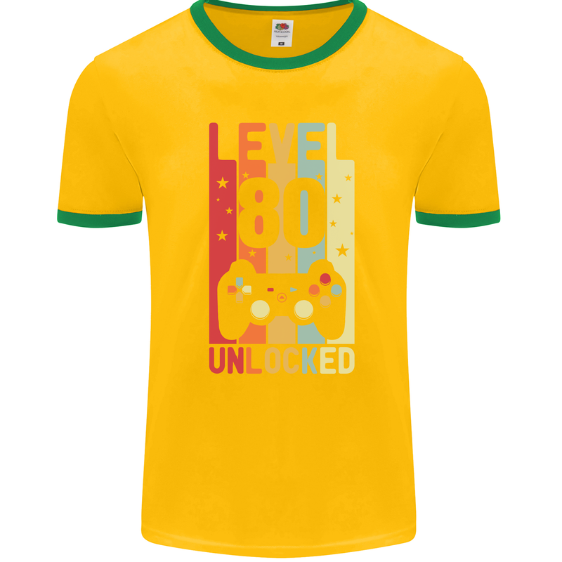 80th Birthday 80 Year Old Level Up Gamming Mens Ringer T-Shirt FotL Gold/Green