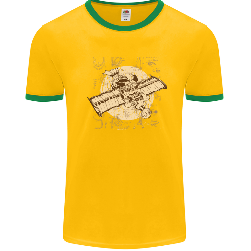 Flying Steampunk Dog Mens White Ringer T-Shirt Gold/Green