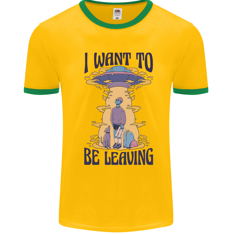 Alien UFO I Want to Be Leaving Mens White Ringer T-Shirt Gold/Green