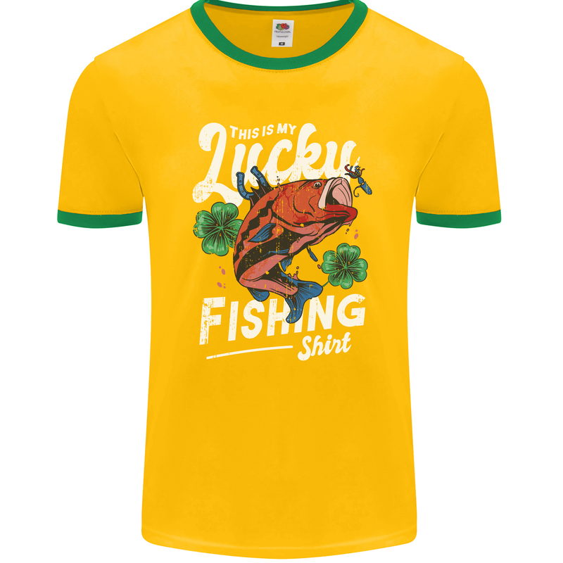 This Is My Lucky Fishing Funny Fisherman Mens Ringer T-Shirt FotL Gold/Green