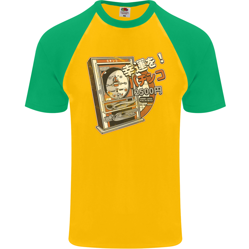 Pachinko Machine Arcade Game Pinball Mens S/S Baseball T-Shirt Gold/Green