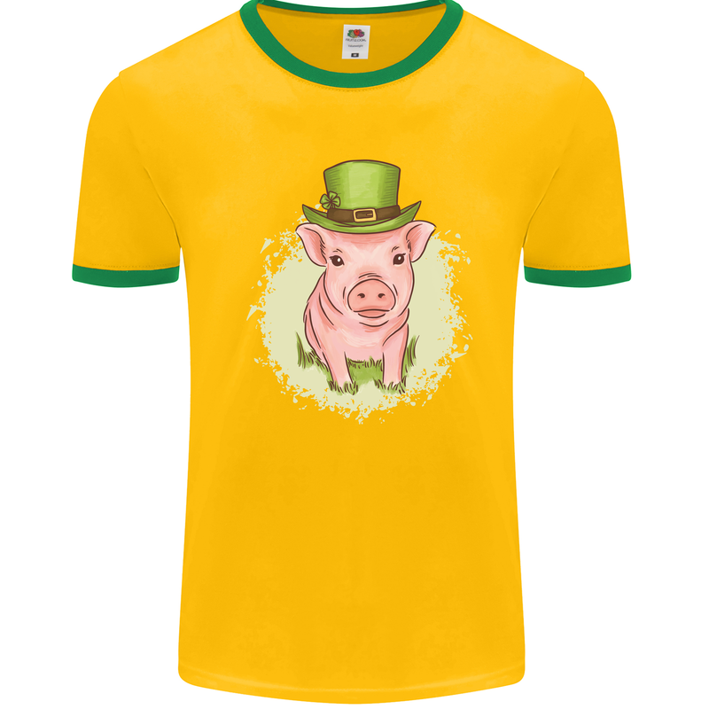 St Patricks Day Pig Mens White Ringer T-Shirt Gold/Green