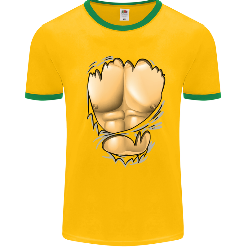 Gym Ripped Muscles Effect Mens White Ringer T-Shirt Gold/Green