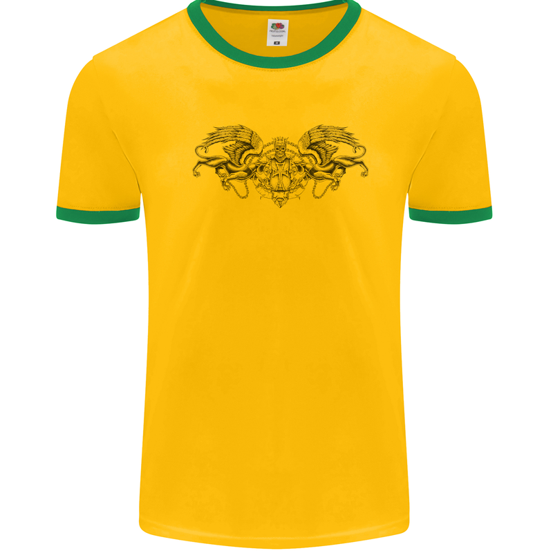 St Georges Day Roman Skull Wings Panther Mens White Ringer T-Shirt Gold/Green