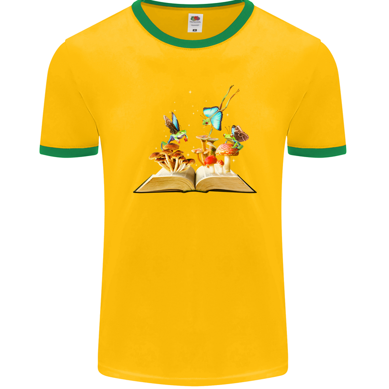 Trippy Nature Book Magic Mushrooms LSD Mens Ringer T-Shirt FotL Gold/Green