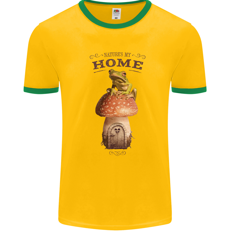 Nature My Home Mushroom Frog Mens Ringer T-Shirt Gold/Green
