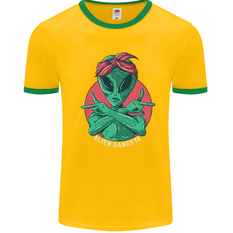 Funny Alien Gangster UFO 2Pac Rap Music Mens White Ringer T-Shirt Gold/Green