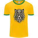 Mandala Tribal Wolf Tattoo Mens White Ringer T-Shirt Gold/Green