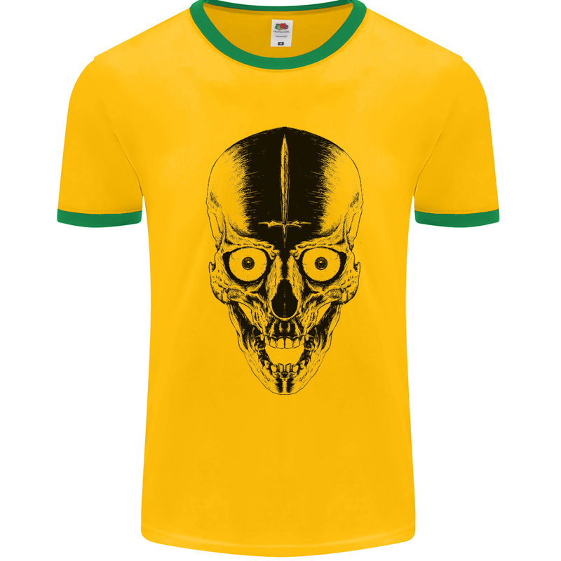 Skull With a Sword Gothic Heavy Metal Rock Mens White Ringer T-Shirt Gold/Green