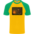 Bigfoot Camping and Cooking Marshmallows Mens S/S Baseball T-Shirt Gold/Green
