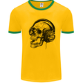 Skull Headphones Gothic Rock Music DJ Mens White Ringer T-Shirt Gold/Green