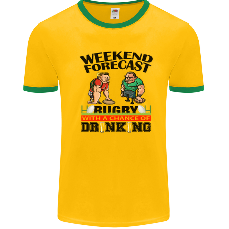 Weekend Forecast Rugby Funny Beer Alcohol Mens White Ringer T-Shirt Gold/Green