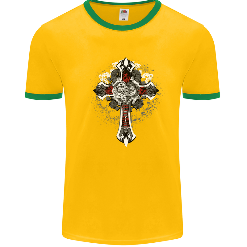 Steampunk Cross Gothic Heavy Metal Biker Mens White Ringer T-Shirt Gold/Green