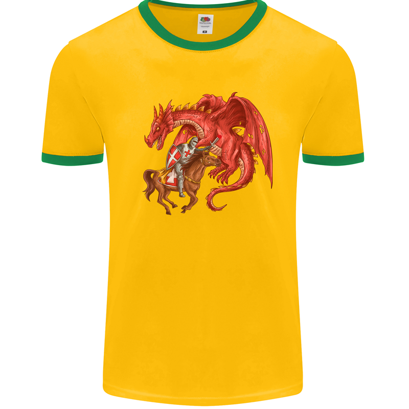 St. George Killing a Dragon Mens White Ringer T-Shirt Gold/Green