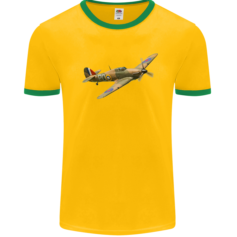 A Hawker Hurricane Flying Solo Mens White Ringer T-Shirt Gold/Green