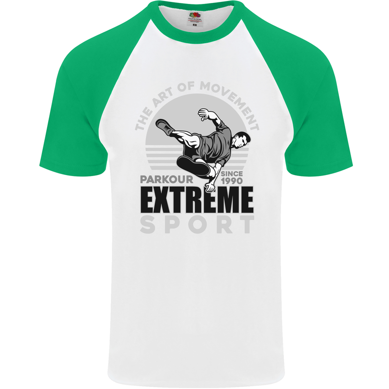 Parkour Free Running the Art of Movement Mens S/S Baseball T-Shirt White/Green