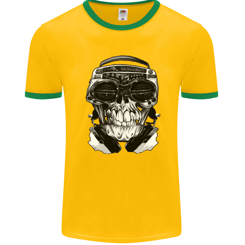 Ghetto Blaster Skull Mens Ringer T-Shirt FotL Gold/Green