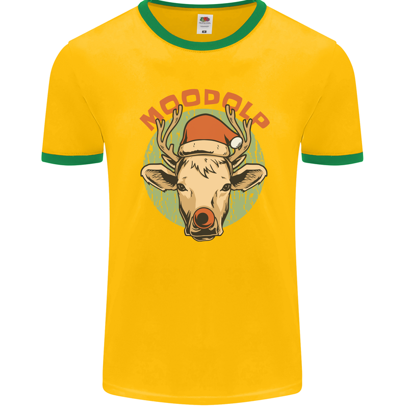 Moodolf Funny Rudolf Christmas Cow Mens Ringer T-Shirt FotL Gold/Green