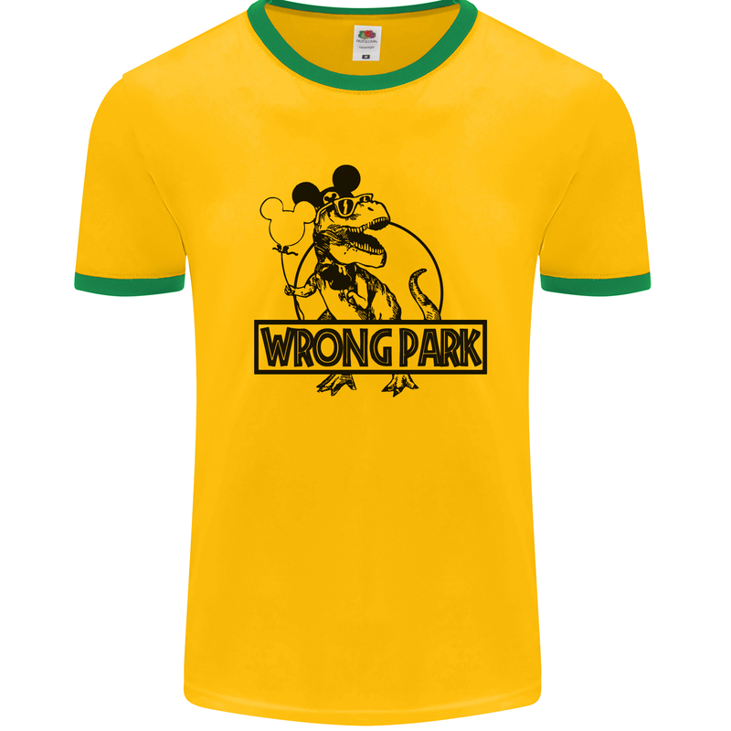 Wrong Park Funny T-Rex Dinosaur Jurrasic Mens White Ringer T-Shirt Gold/Green