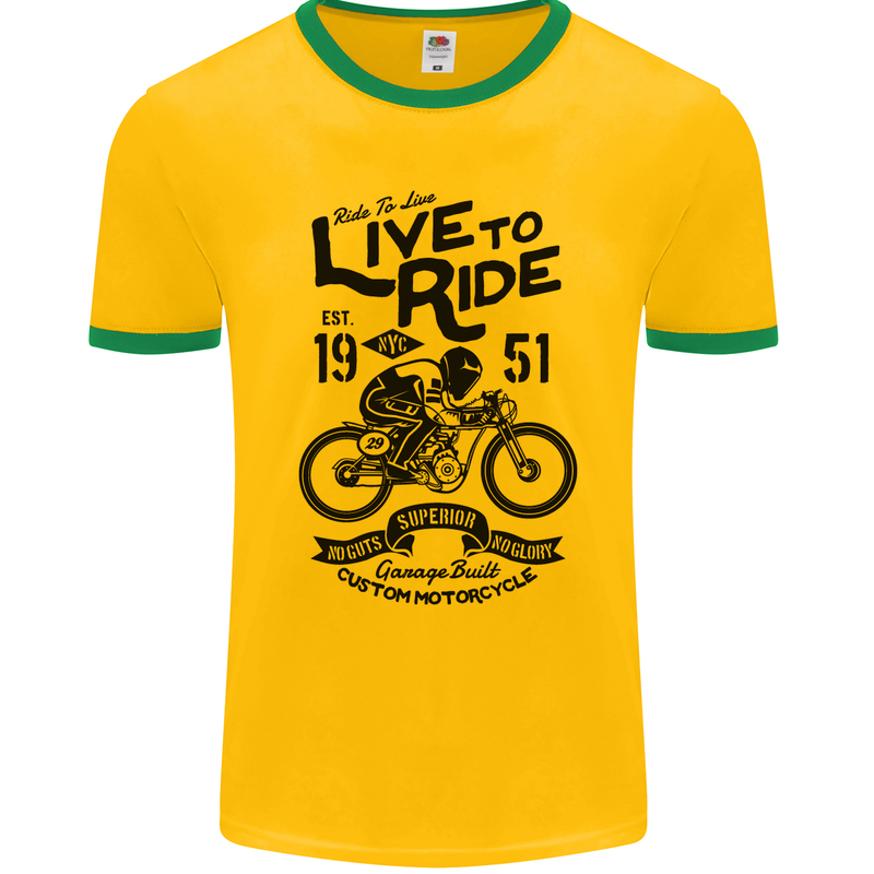 Live to Ride Motorbike Motorcycle Biker Mens Ringer T-Shirt FotL Gold/Green