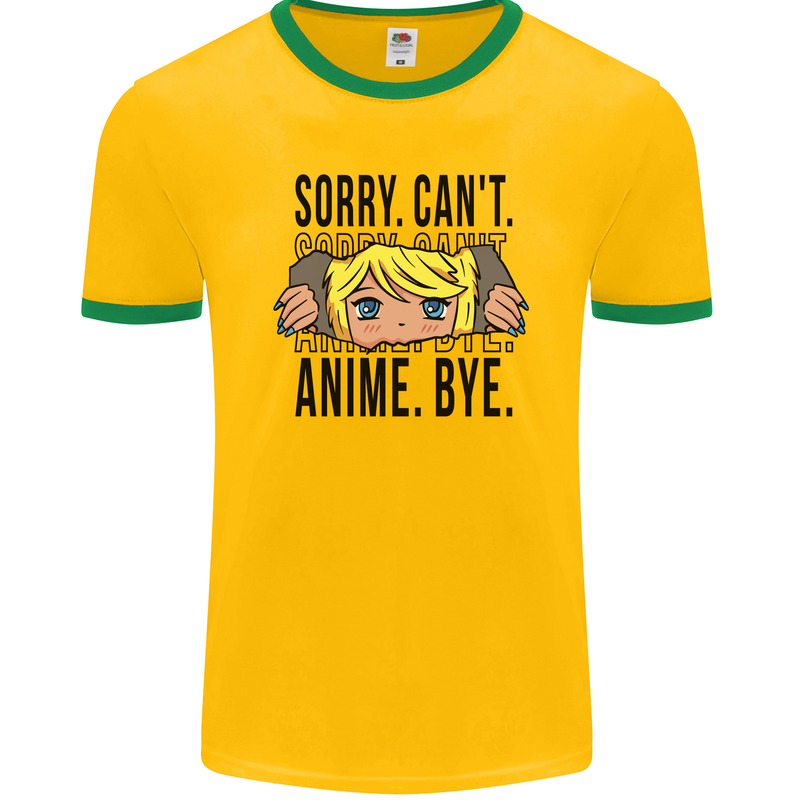 Sorry Can't Anime Bye Funny Anti-Social Mens Ringer T-Shirt FotL Gold/Green