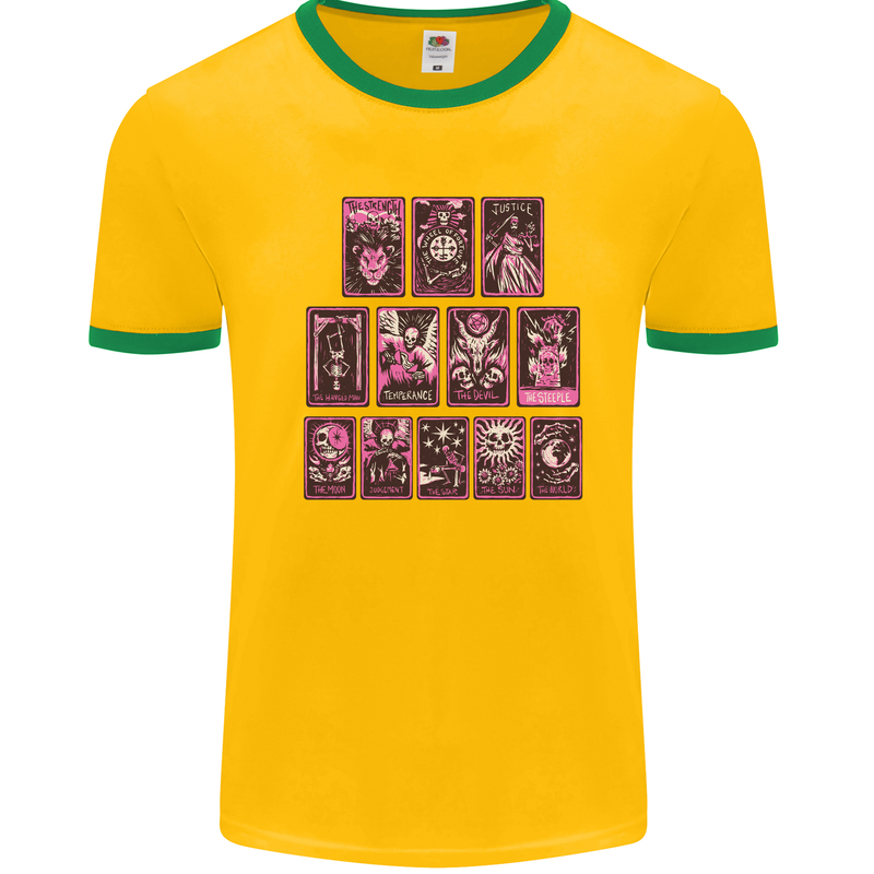 Tarot Cards Fortune Teller Skulls Mens White Ringer T-Shirt Gold/Green