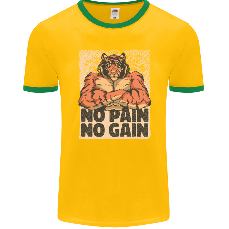 Gym Tiger No Pain No Gain Training Top Mens Ringer T-Shirt FotL Gold/Green