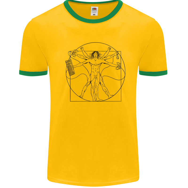 Gaming Vitruvian Gamer Funny Video Games Mens White Ringer T-Shirt Gold/Green