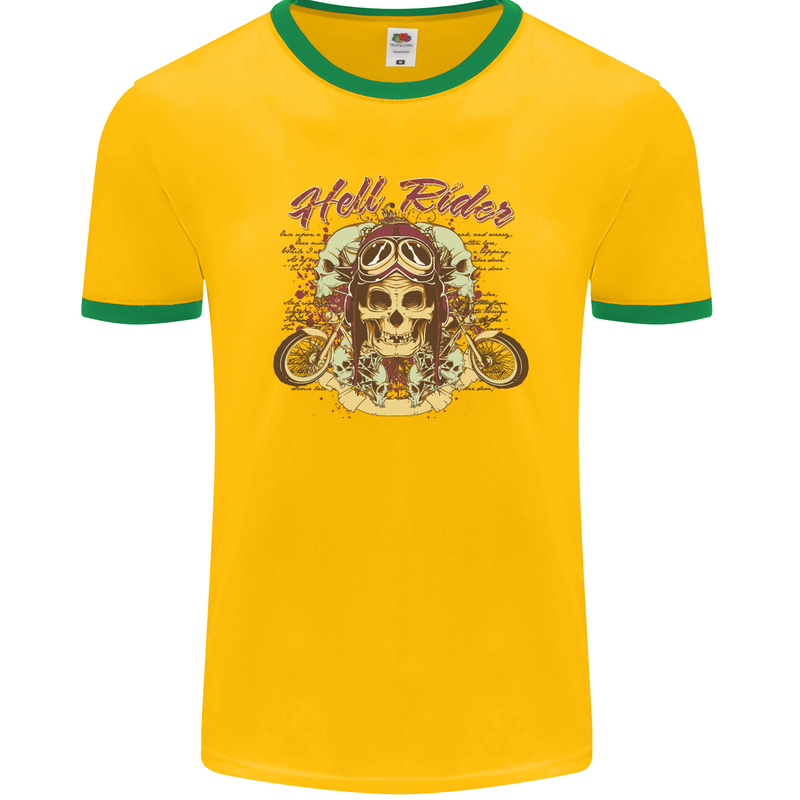 Hell Riders Motorcycle Motorbike Biker Mens Ringer T-Shirt FotL Gold/Green