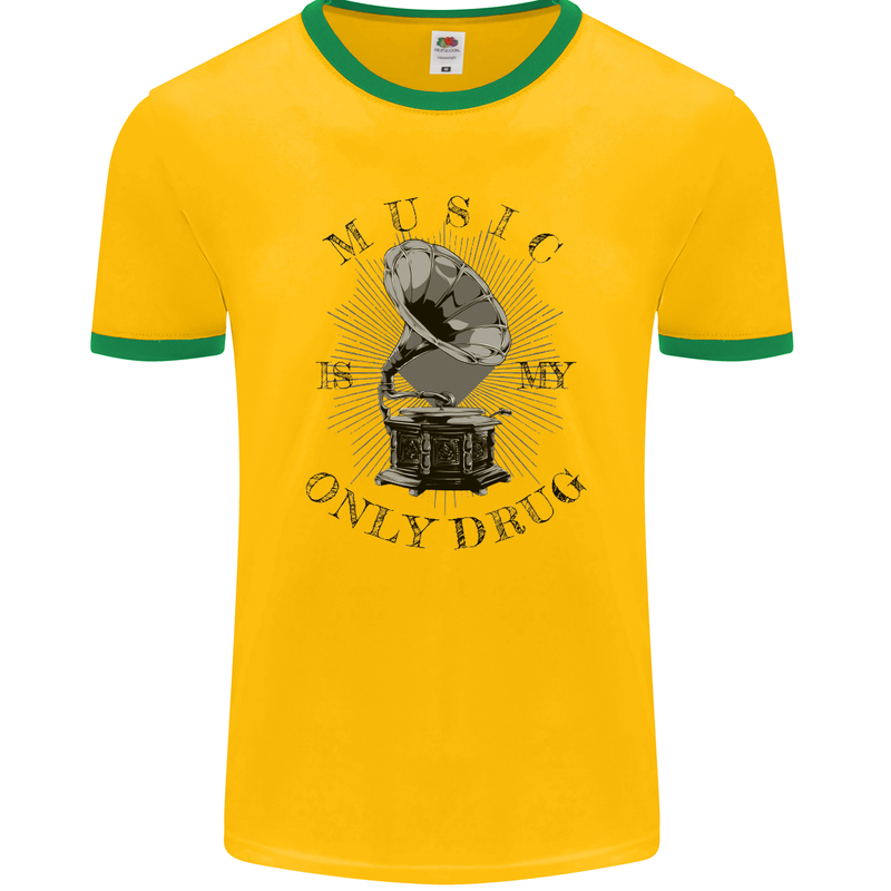 Music Is My Only Drug Funny DJ Vinyl Decks Mens Ringer T-Shirt FotL Gold/Green