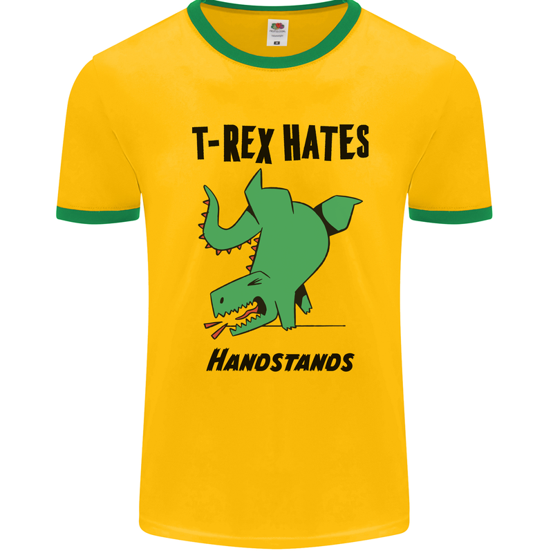 T-Rex Hates Handstands Funny Dinosaurs Mens White Ringer T-Shirt Gold/Green