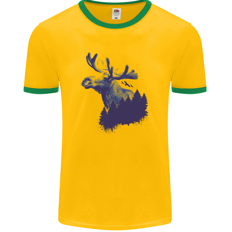 Moose Forest Ecology Environment Mens White Ringer T-Shirt Gold/Green