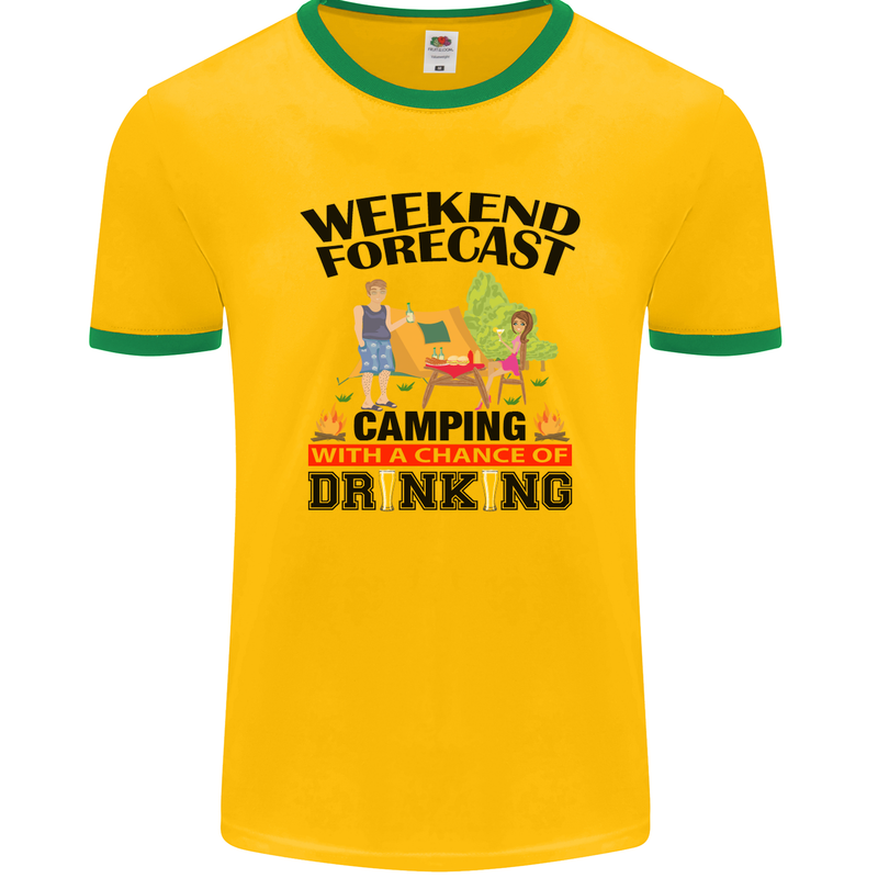 Camping Weekend Forecast Funny Alcohol Beer Mens Ringer T-Shirt FotL Gold/Green